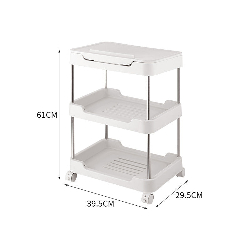 Three-tier rolling storage cart made of plastic with removable inserts and wheels