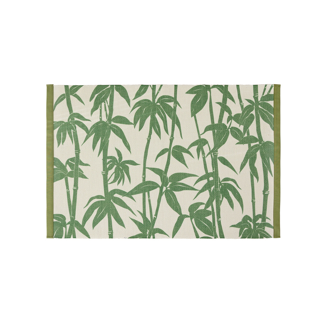 Woven table runner with floral vinyl print look and reinforced overlock stitching Kalsten