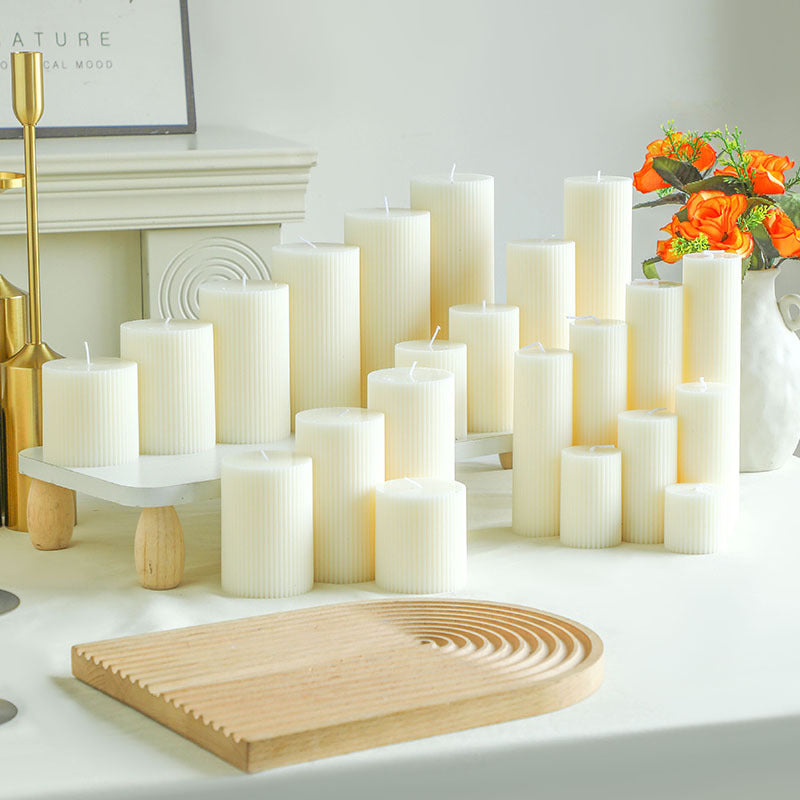 Ribbed Pillar Candle Collection with Graduated Heights and Drip-Resistant Finish