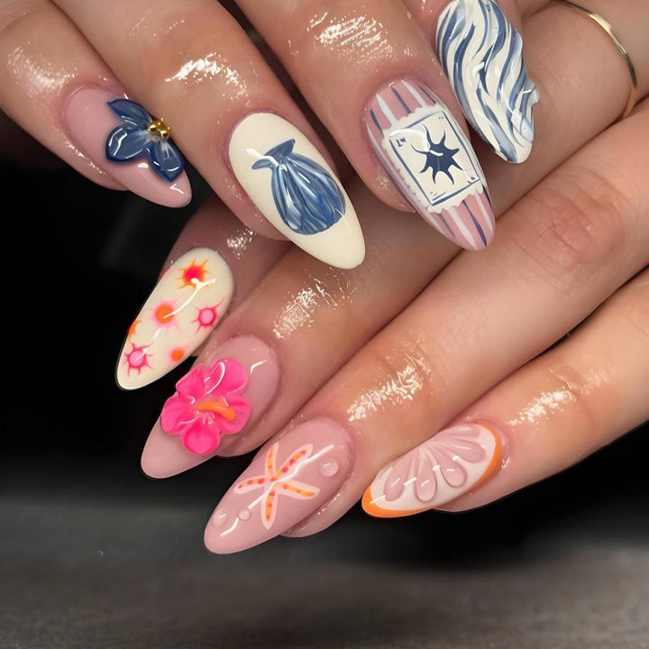 Artificial nail set with floral and maritime motifs Kalsten
