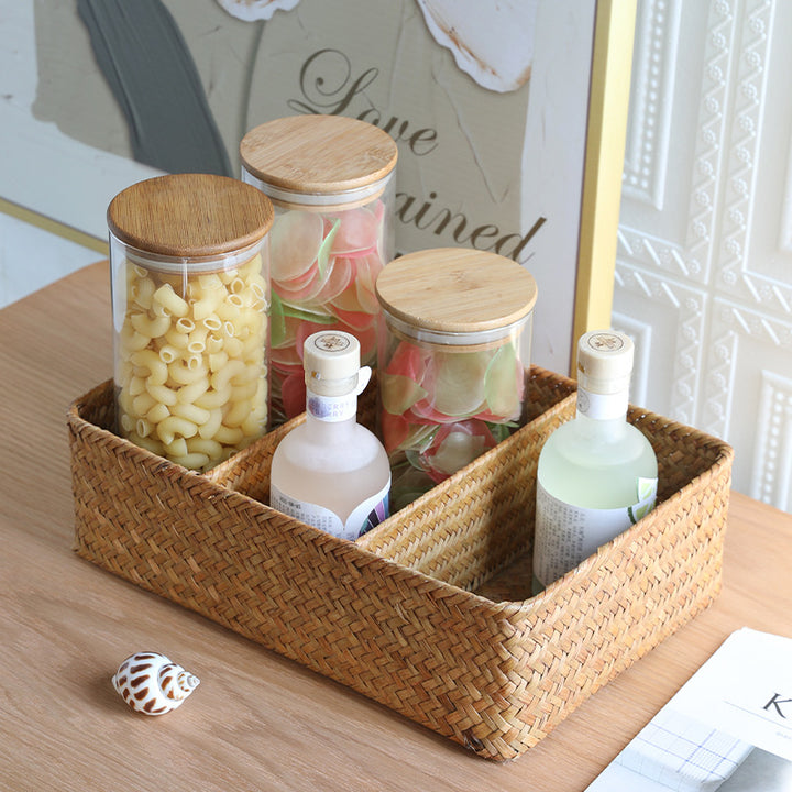 Unisex storage basket with three compartments made of handwoven natural material Kalsten