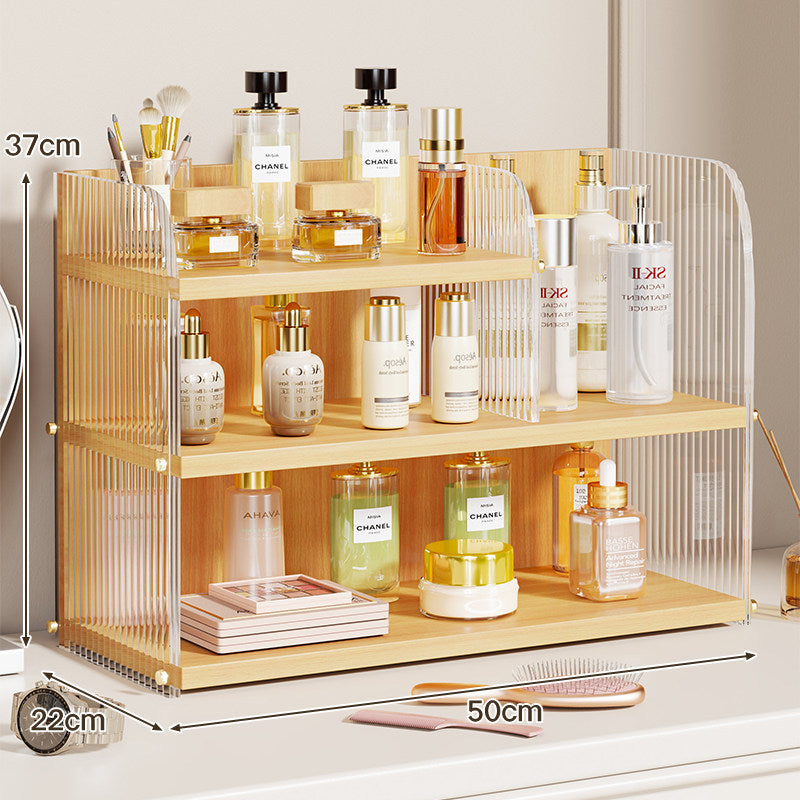 Two-Tier Countertop Beauty and Skincare Organizer with Adjustable Middle Shelf and Vertical Wire Panels