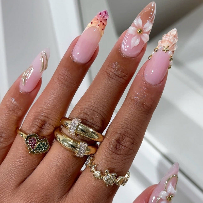 Elegant Floral-Embellished Press-On Nail Set Kalsten