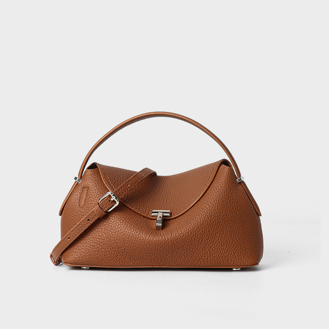Curved Envelope Top-Handle Pebbled Satchel with Removable Crossbody Strap