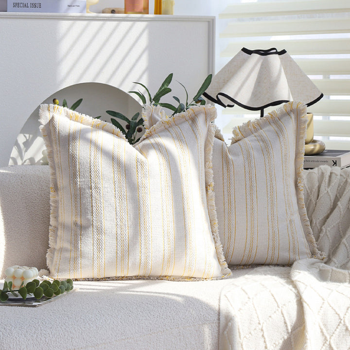 Square decorative cushion cover in linen-cotton blend with fine stripes and decorative fringed edge Kalsten