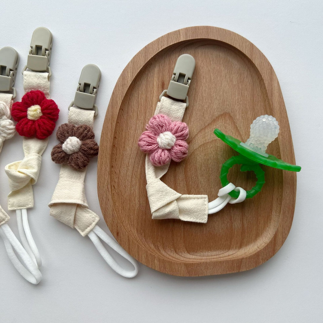 Handmade Cotton Pacifier Clip with Gingham Strap and Knitted Flower