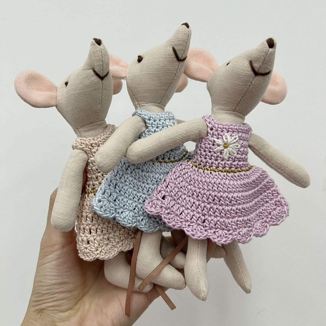 Handcrafted Linen Plush Mouse Doll with Crocheted Dress and Embroidered Details