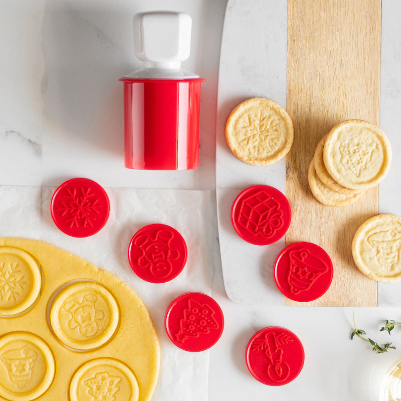 Interchangeable Round Cookie And Fondant Embossing Plunger With Multiple Patterned Silicone Discs