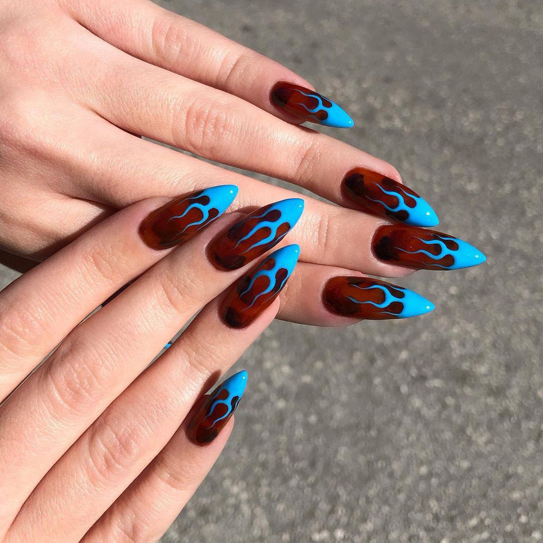Artistic stiletto nails with extravagant flame pattern Kalsten