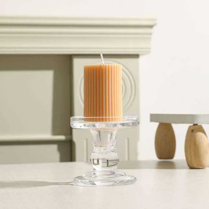 Ribbed Column Pillar Candle with Glass Pedestal Holder