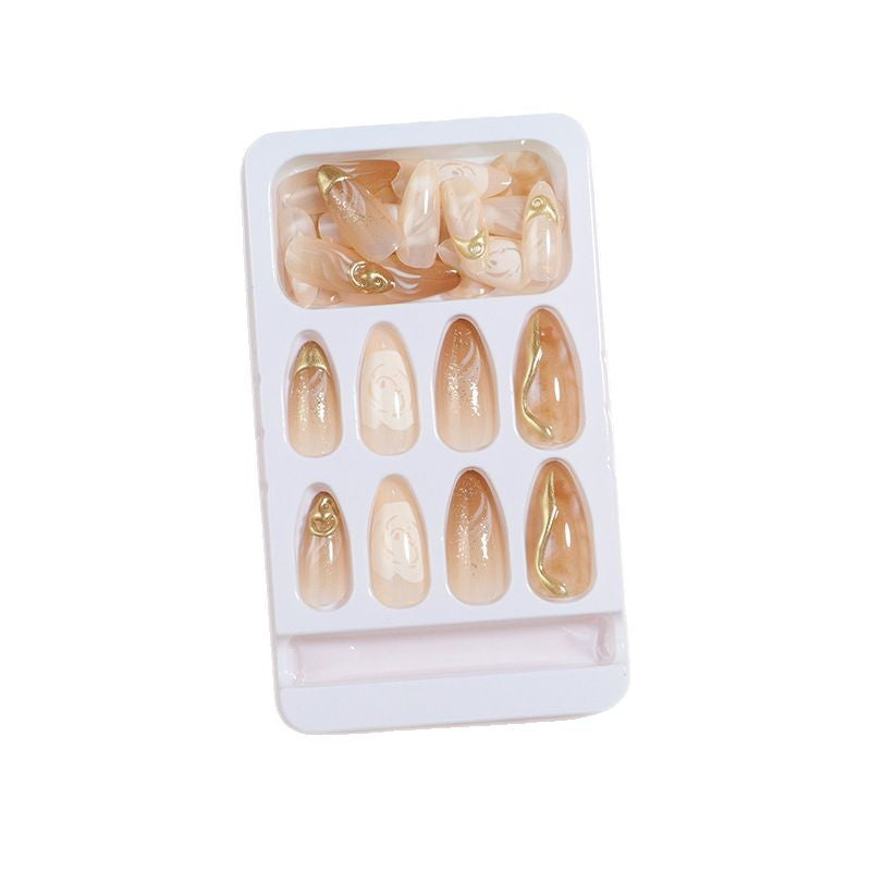 Artistic Press-On Nail Set with Gold and Floral Accents Kalsten