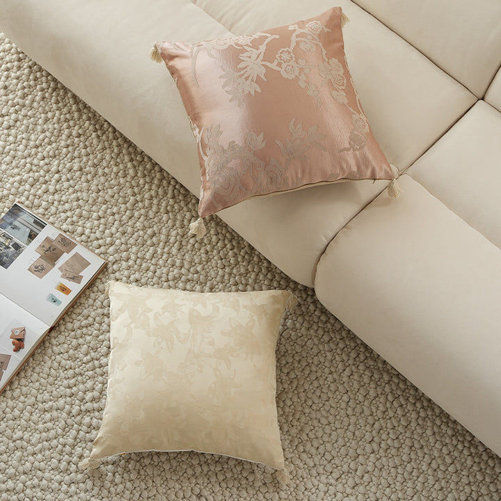 Square jacquard cushion cover made of satin with floral relief texture and tassels Kalsten