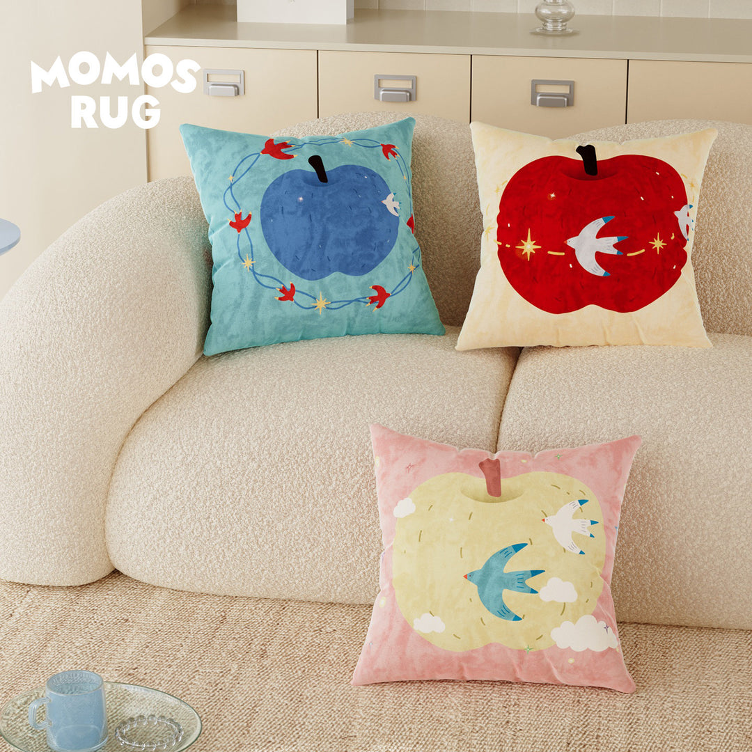 Decorative Velvet Square Throw Pillow with Illustrated Apple & Swallow Motif