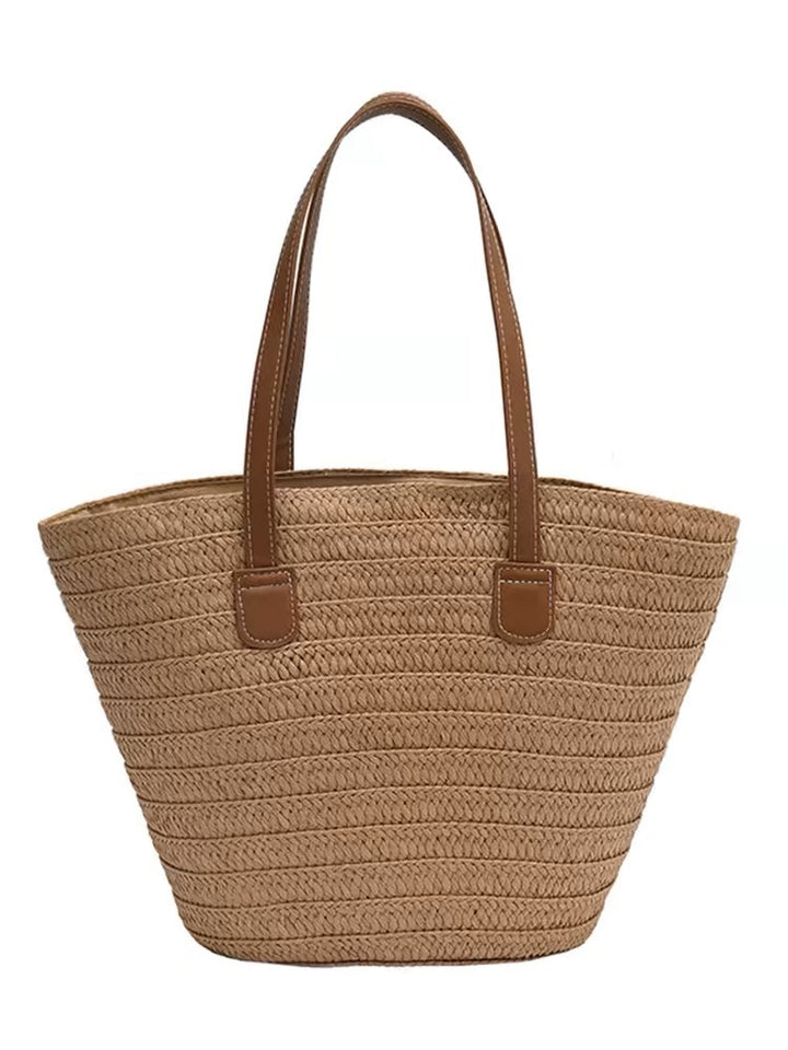 Stylish beach bag made of woven natural material with leather handles Kalsten