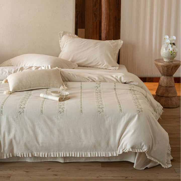 Organic Cotton Duvet Cover Set in Country Style with Delicate Embroidery and Ruffled Hem