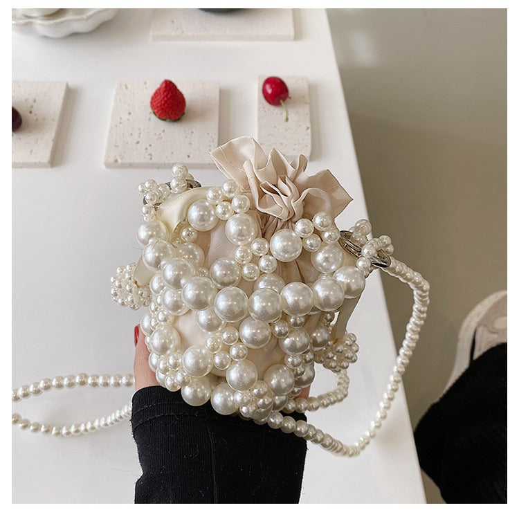 Pearl-Adorned Drawstring Evening Handbag