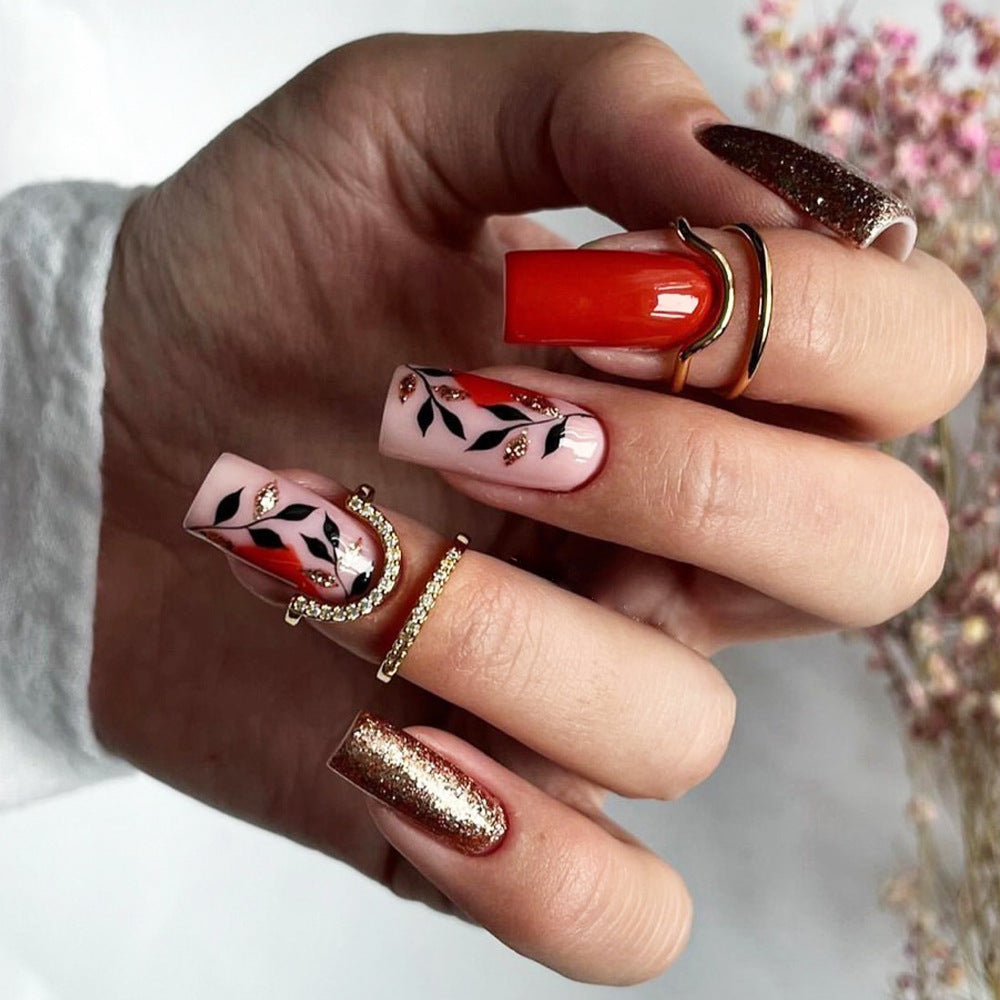 Artful Gel Nails with Elegant Floral Design and Glitter Accents Kalsten