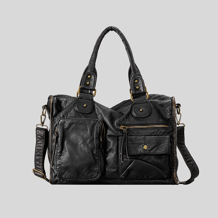 Multi-Pocket Functional Leather Handbag