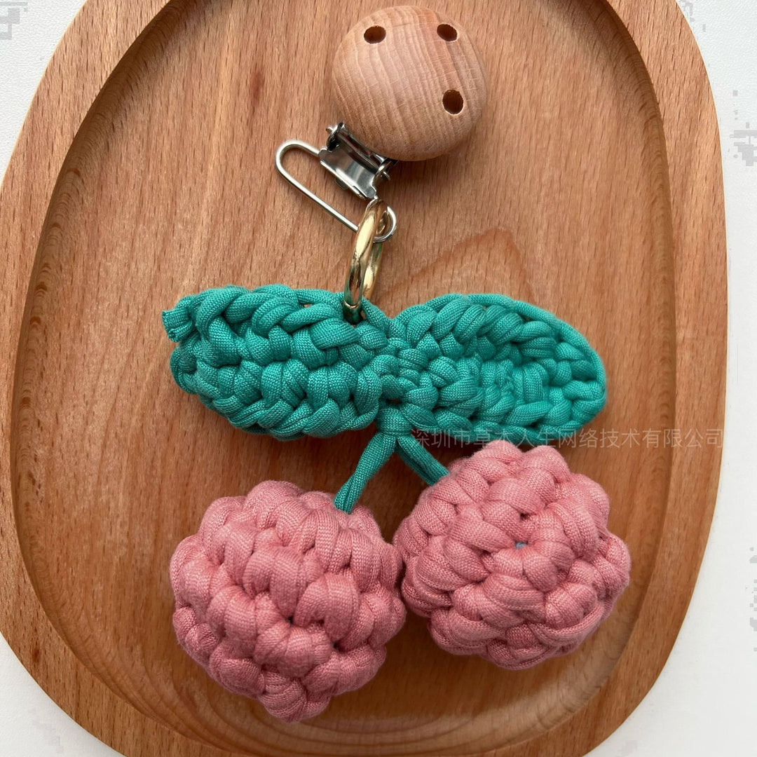 Handcrafted Wooden-Clip Pacifier and Teether Lanyard with Crochet Fruit Charms