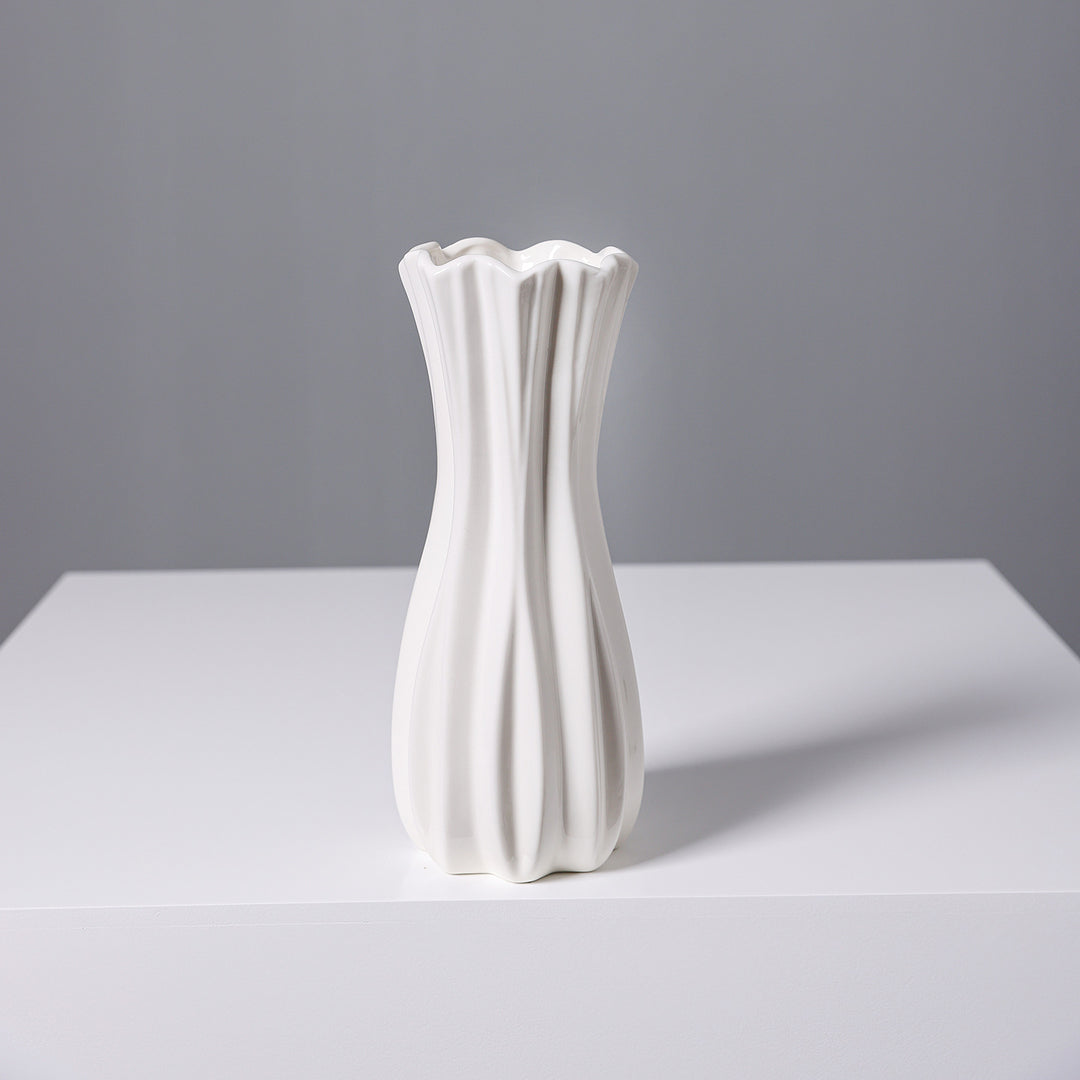 Elegant Fluted White Ceramic Vase Kalsten