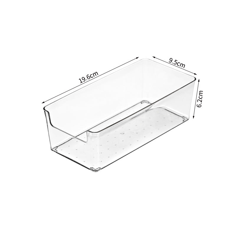 Transparent storage box for refrigerator and cupboard with narrow front opening and anti-slip nubs
