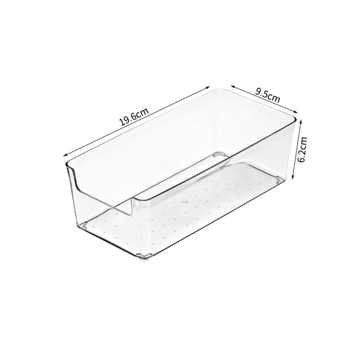 Transparent storage box for refrigerator and cupboard with narrow front opening and anti-slip nubs