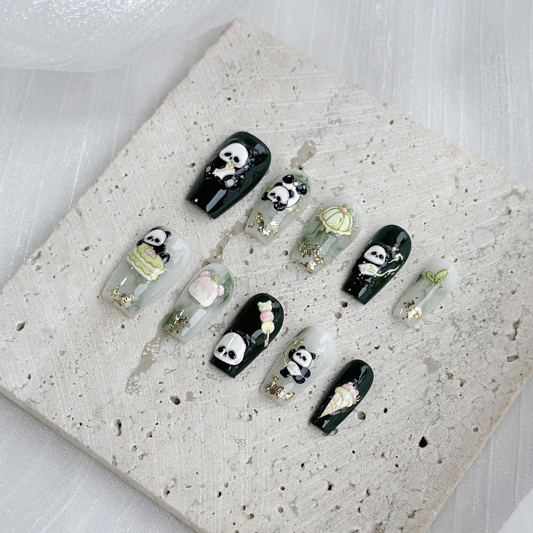 Artistic Press-On Nail Art Set with Cute Panda Designs