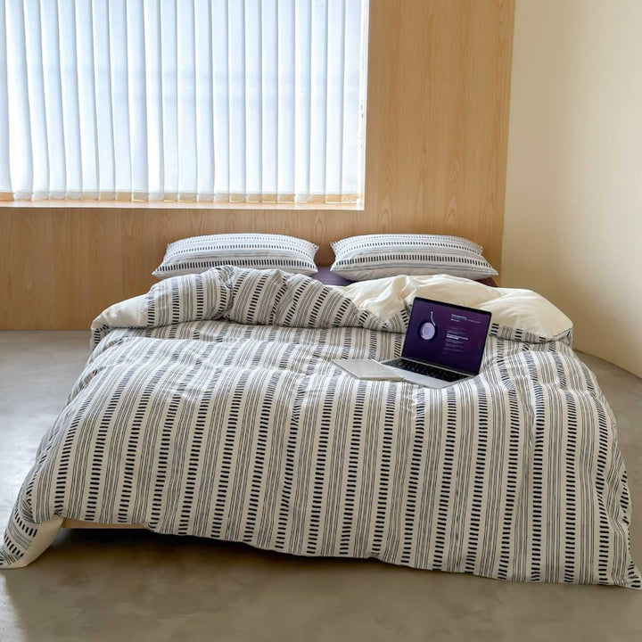Striped cotton percale bedding set with breathable, wrinkle-free finish and concealed hotel closure