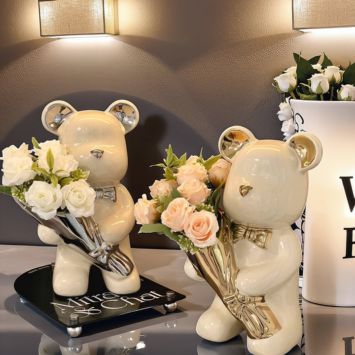 Decorative Bear Figurine with Flower Bouquet for Home