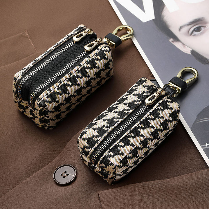 Double-Zippered Houndstooth Pattern Cosmetic Pouch Kalsten