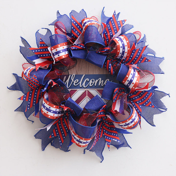 Unisex nan patriotic Americana fabric and wood door wreath with ribbon bows Kalsten