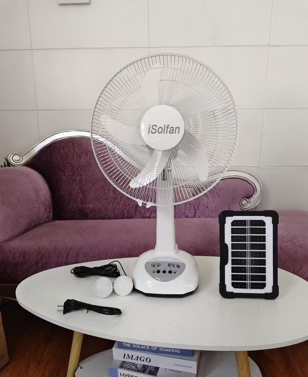 Women's portable solar stand fan with LED lighting and integrated USB connection Kalsten