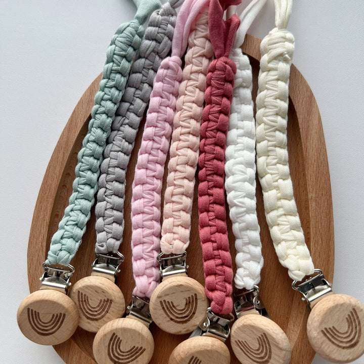 Braided Cotton Pacifier Lanyard with Engraved Wooden Safety Clip