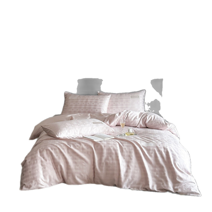 Premium cotton satin bedding set with jacquard check and heart motif