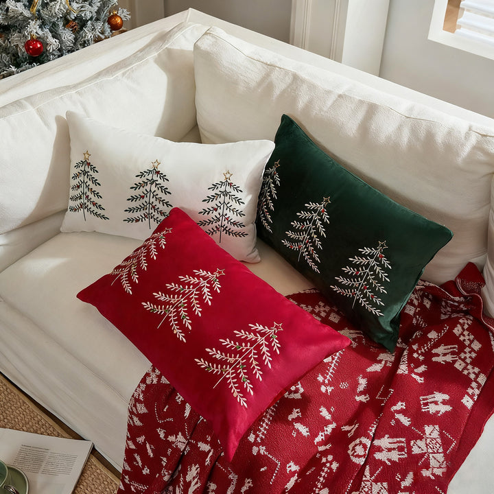 Embroidered Festive Lumbar Throw Pillow Cover with Trio Christmas Tree Motif