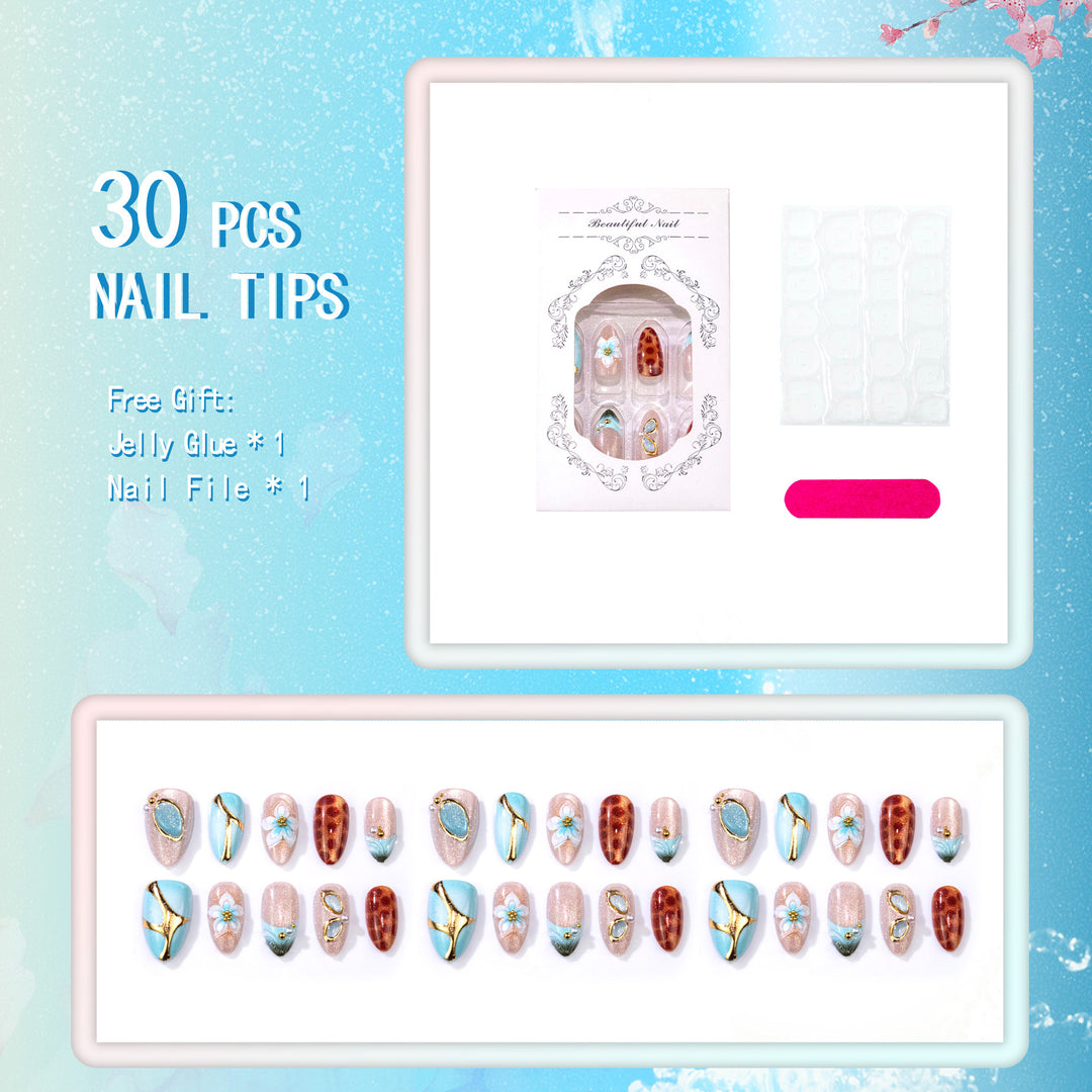 Artistic Press-On Nail Art Set with Floral and Geometric Features