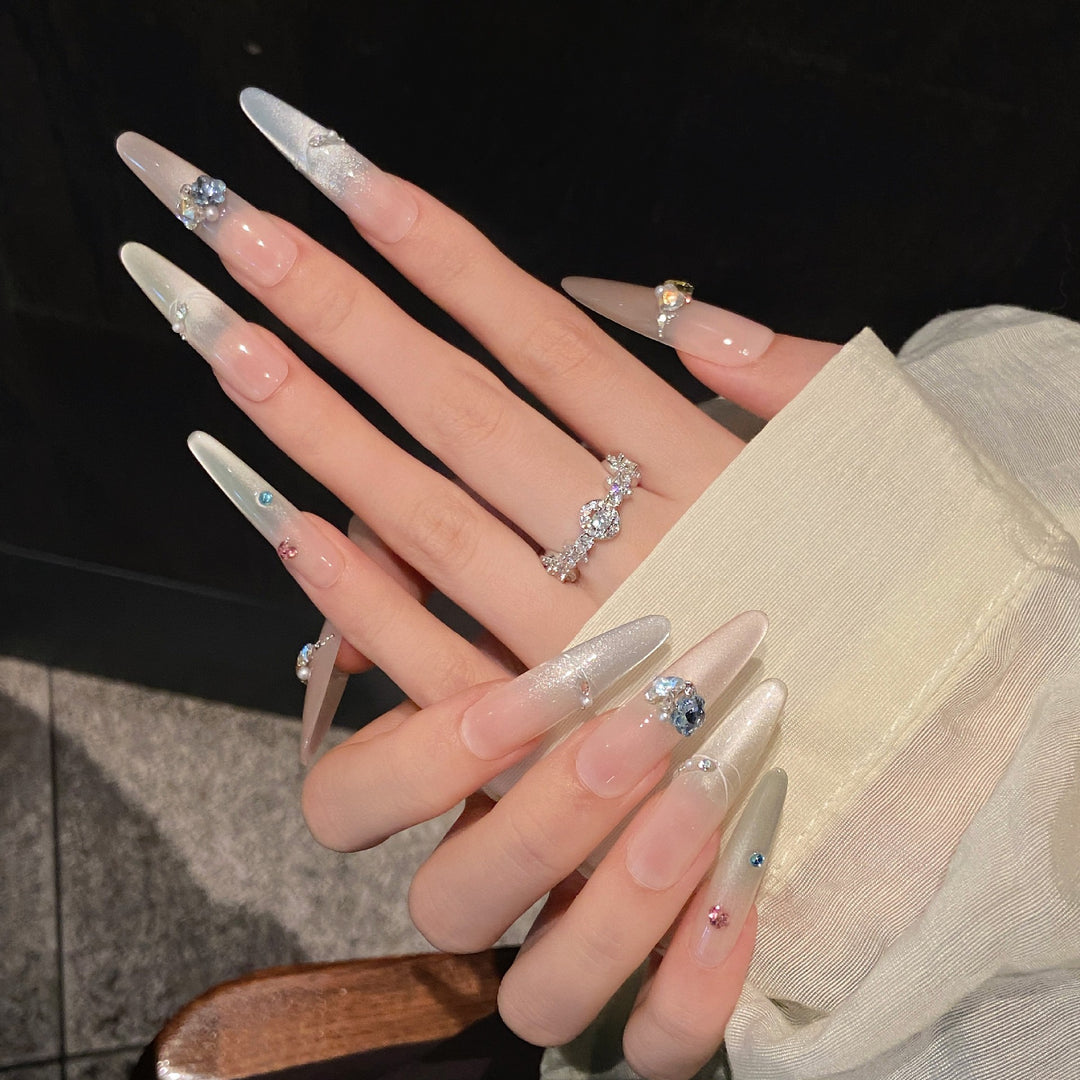 Artistic Press-On Nail Set with Gem Embellishments