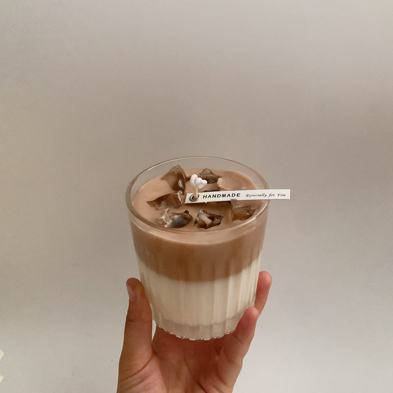 Hand-Poured Layered Latte-Glow Soy Candle in Ribbed Glass with Ice-Accent Top
