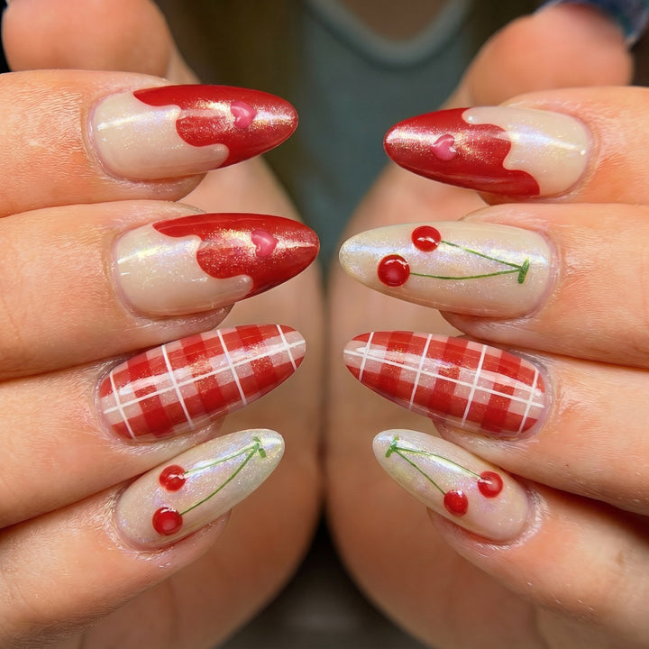 Artificial nails with romantic cherry and checkered pattern Kalsten