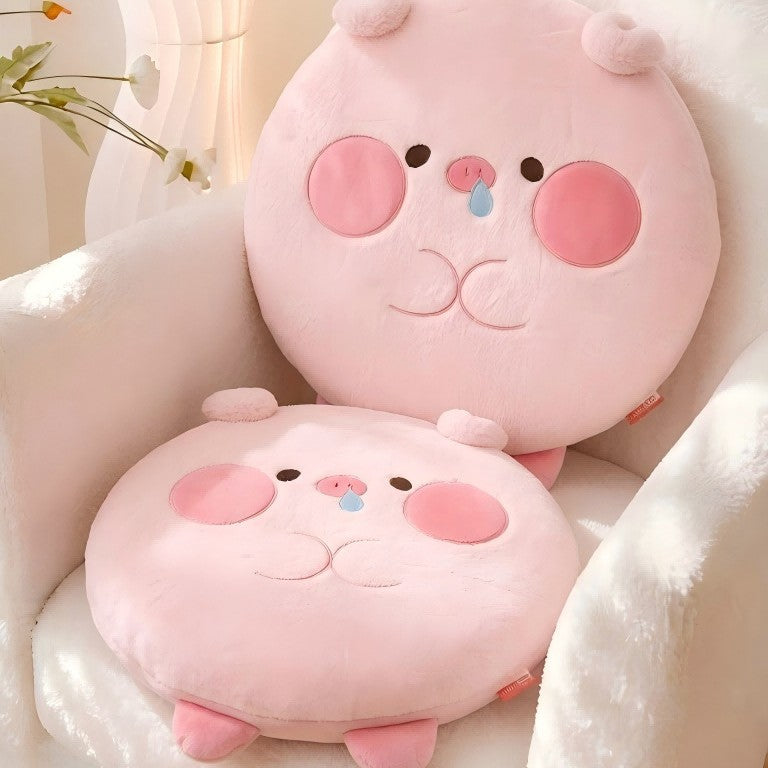 Round plush floor cushion with a cute pig face and extra soft filling