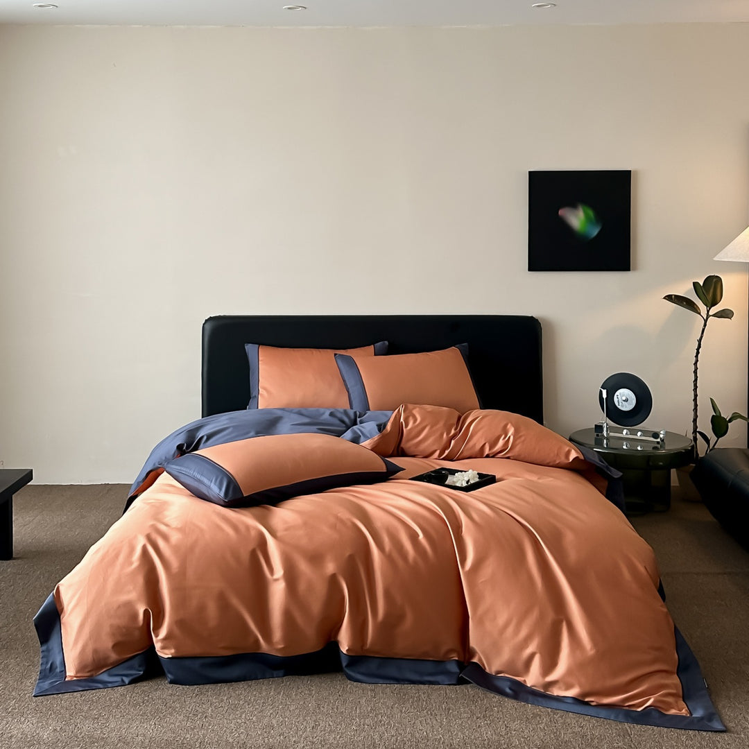 Premium cotton satin bedding set with fine contrast piping and hotel closure