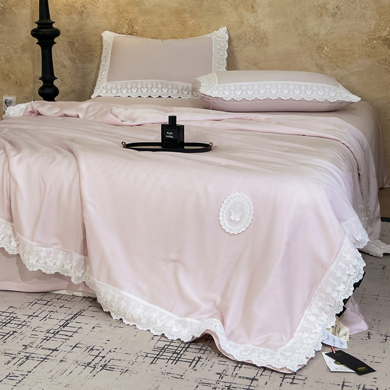Cotton satin duvet cover set with decorative lace appliqué and embroidered medallion