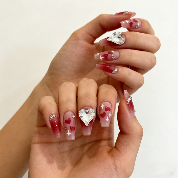 Artistic Press-On Nail Set with Heart and Gem Accents