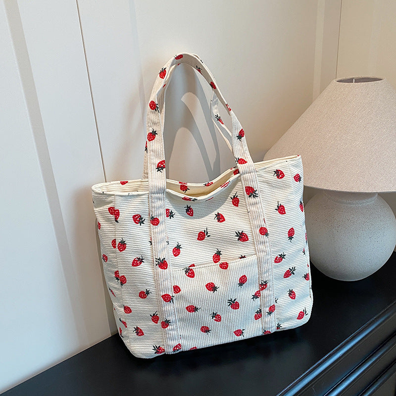 Playful Strawberry Print Corduroy Tote Bag Kalsten