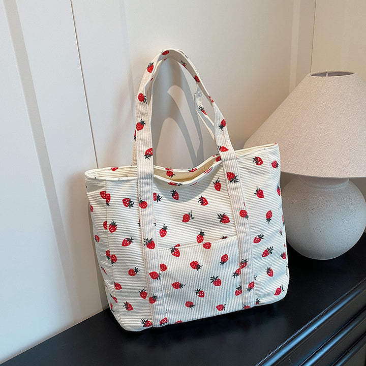 Playful Strawberry Print Corduroy Tote Bag Kalsten