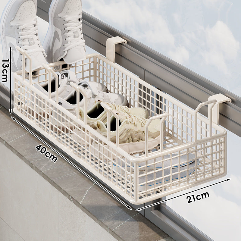 Window-Rail Hanging Shoe Storage Basket with Ventilated Grid and Adjustable Clamp Hooks