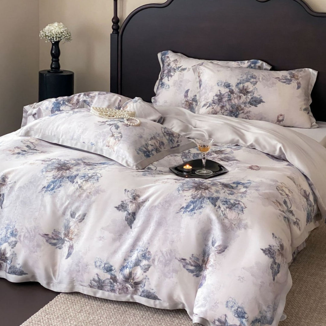 Luxurious satin bedding with floral watercolor print