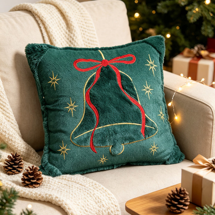 Luxury Embroidered Velvet Holiday Throw Pillow with Faux-Fur Fringe