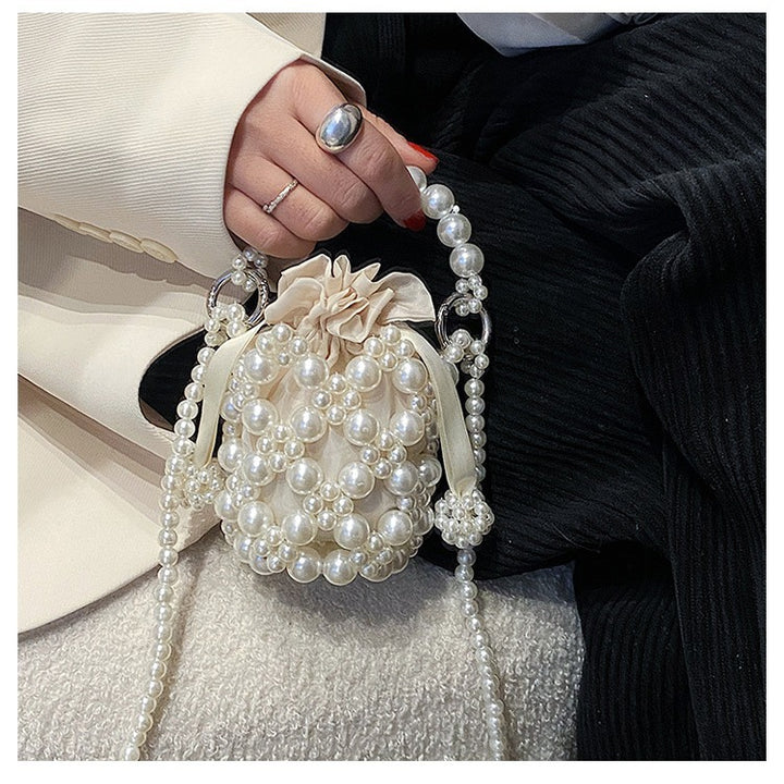 Pearl-Adorned Drawstring Evening Handbag