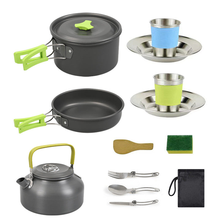 lightweight hard-anodized camping cookware set with folding handles compact kettle and stainless cup plates Kalsten